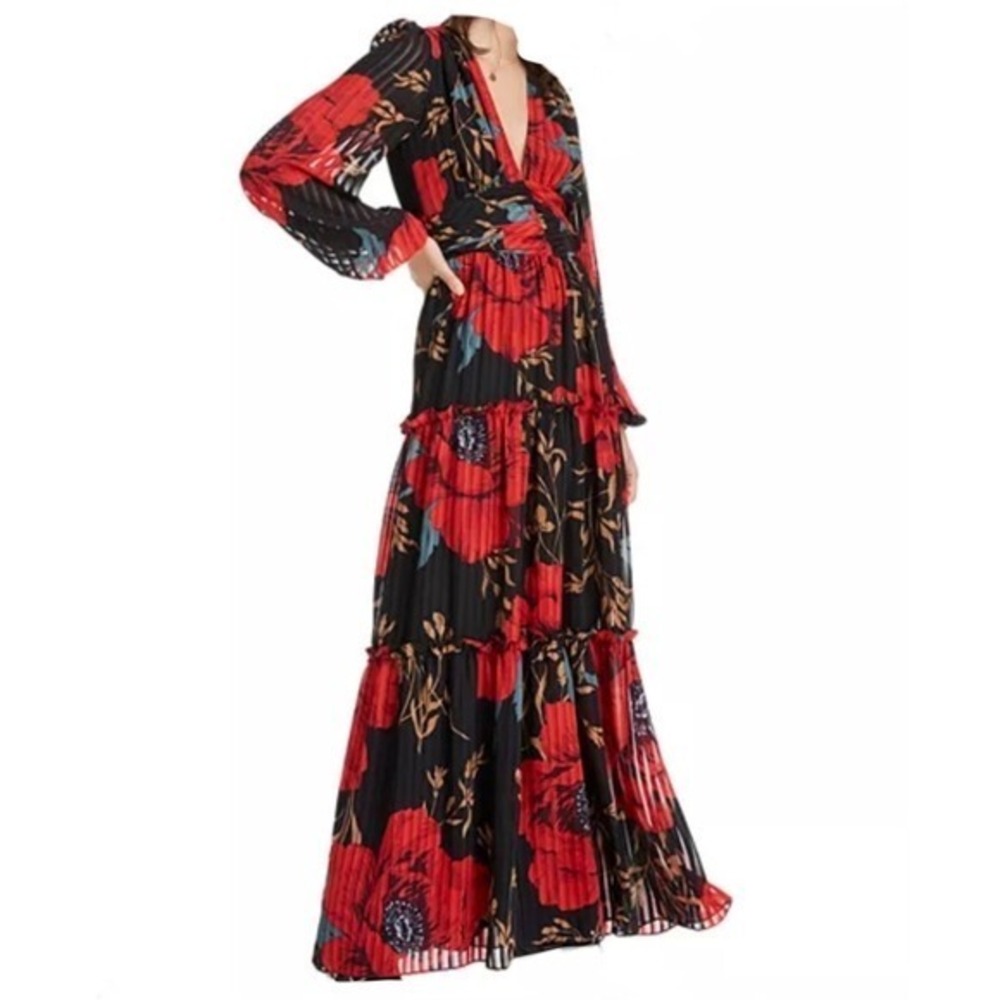 LINI Kristin Tiered Red Black & Green Floral Long Sleeve Maxi Dress - Picture 2 of 7